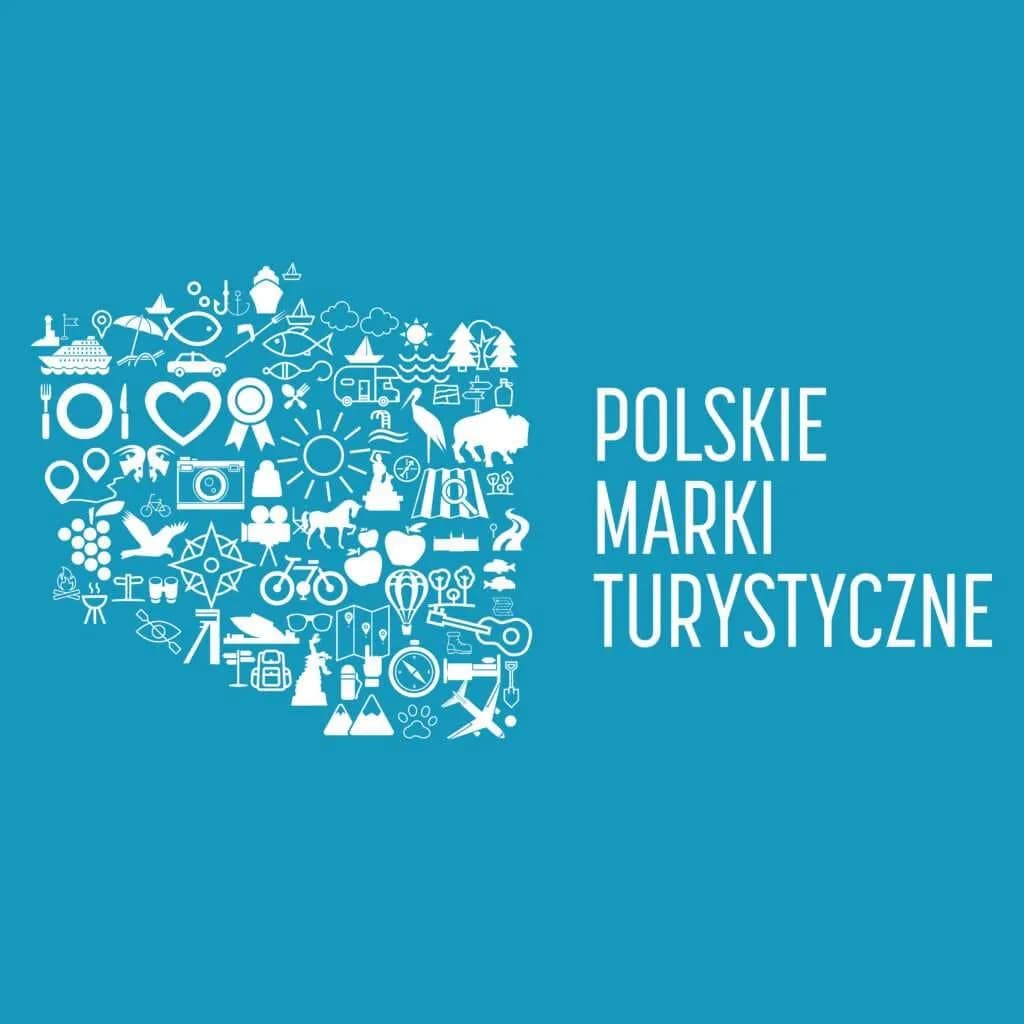 A compilation of white icons forming the outline of Poland, with the text "POLSKIE MARKI TURYSTYCZNE" (Polish Tourist Brands) to the right.